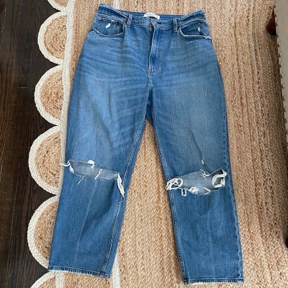 Abercrombie and Fitch Curve Love Blue Distressed Straight Leg Jeans